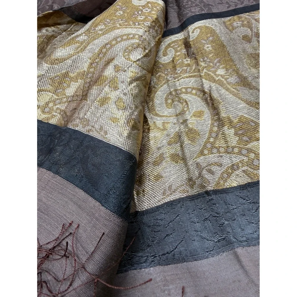 Brown Paisley Pashmina Shawl Gold Black Border Fringed Evening Wrap 67x22